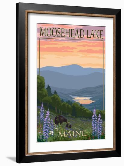 Moosehead Lake, Maine - Bears and Spring Flowers-Lantern Press-Framed Art Print