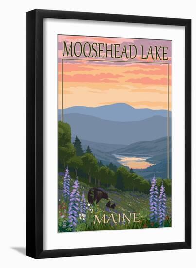 Moosehead Lake, Maine - Bears and Spring Flowers-Lantern Press-Framed Art Print