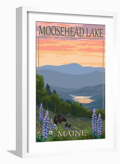 Moosehead Lake, Maine - Bears and Spring Flowers-Lantern Press-Framed Art Print