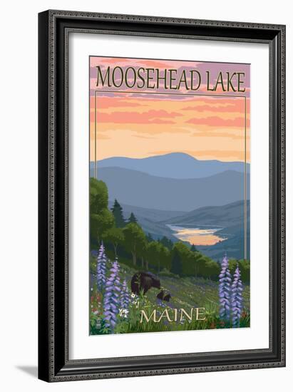 Moosehead Lake, Maine - Bears and Spring Flowers-Lantern Press-Framed Art Print