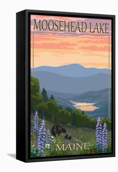 Moosehead Lake, Maine - Bears and Spring Flowers-Lantern Press-Framed Stretched Canvas