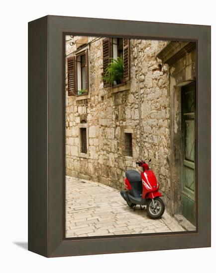 Moped in Alley, Sibenik, Croatia-Russell Young-Framed Premier Image Canvas