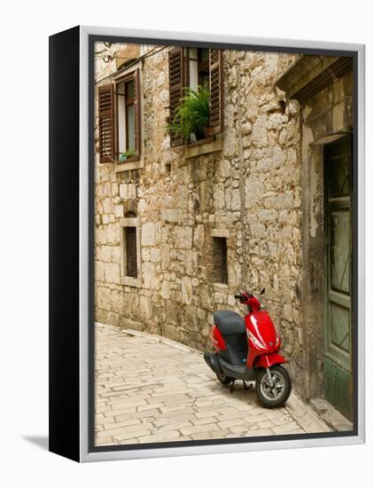 Moped in Alley, Sibenik, Croatia-Russell Young-Framed Premier Image Canvas