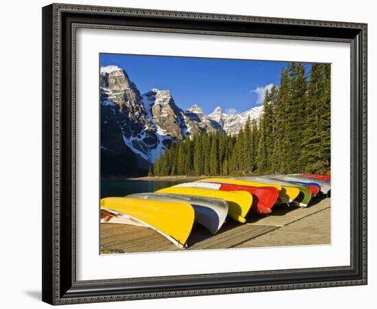 Moraine Lake and Rental Canoes Stacked, Banff National Park, Alberta, Canada-Larry Ditto-Framed Photographic Print