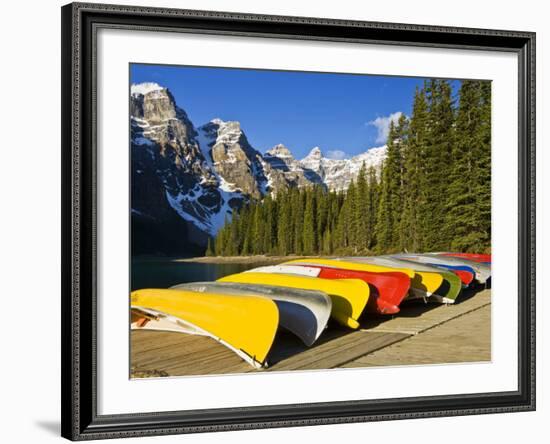 Moraine Lake and Rental Canoes Stacked, Banff National Park, Alberta, Canada-Larry Ditto-Framed Photographic Print