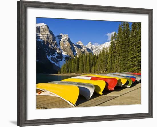 Moraine Lake and Rental Canoes Stacked, Banff National Park, Alberta, Canada-Larry Ditto-Framed Photographic Print