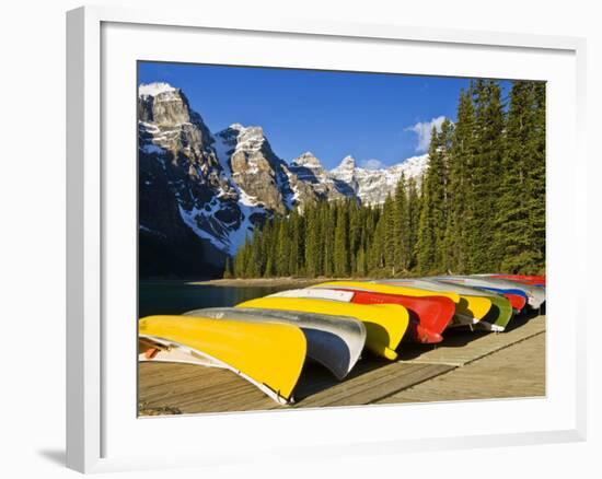 Moraine Lake and Rental Canoes Stacked, Banff National Park, Alberta, Canada-Larry Ditto-Framed Photographic Print