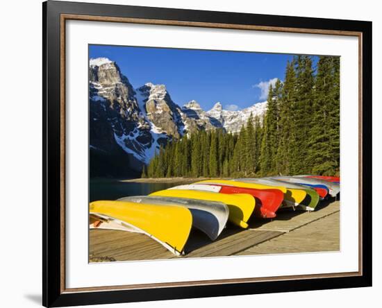 Moraine Lake and Rental Canoes Stacked, Banff National Park, Alberta, Canada-Larry Ditto-Framed Photographic Print