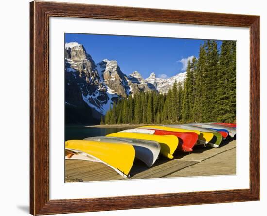 Moraine Lake and Rental Canoes Stacked, Banff National Park, Alberta, Canada-Larry Ditto-Framed Photographic Print