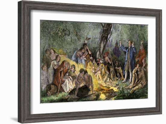 Moravian Missionary David Zeisberger Preaching to Native Americans in Pennsylvania, 1760s-null-Framed Giclee Print