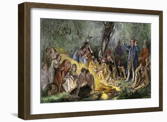 Moravian Missionary David Zeisberger Preaching to Native Americans in Pennsylvania, 1760s-null-Framed Giclee Print