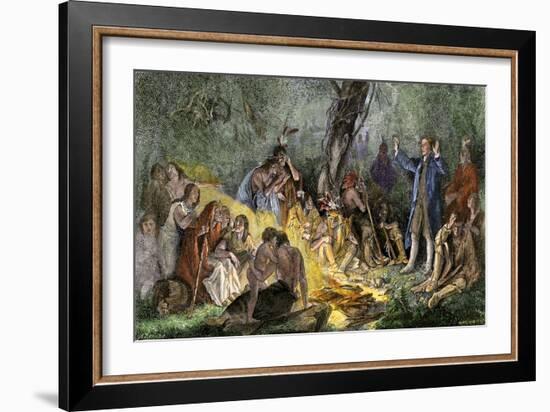 Moravian Missionary David Zeisberger Preaching to Native Americans in Pennsylvania, 1760s-null-Framed Giclee Print