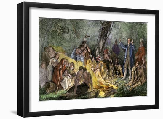 Moravian Missionary David Zeisberger Preaching to Native Americans in Pennsylvania, 1760s-null-Framed Giclee Print