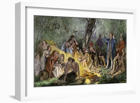 Moravian Missionary David Zeisberger Preaching to Native Americans in Pennsylvania, 1760s-null-Framed Giclee Print