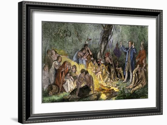 Moravian Missionary David Zeisberger Preaching to Native Americans in Pennsylvania, 1760s-null-Framed Giclee Print