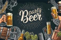 Horizontal Poster Beer Set with Tap, Glass, Bottle, Hop Branch with Leaf, Ear of Barley, Barrel, Ta-MoreVector-Art Print