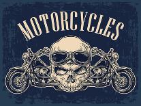 Motorcycle Side View and Skull with Glasses. View over the Handlebars. Vector Engraved Illustration-MoreVector-Art Print