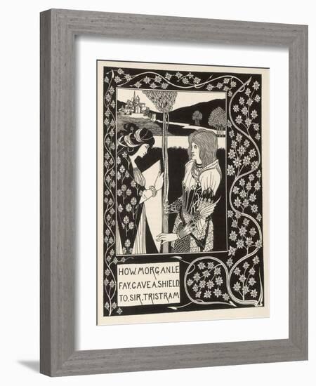 Morgan Le Fay Gives a Shield to Sir Tristram-Aubrey Beardsley-Framed Art Print