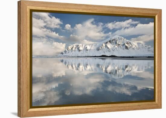 Morning Light Hits a Mountain on the Beach of Flakstad, Flakstadoya, Lofoten Islands, Norway-David Clapp-Framed Premier Image Canvas