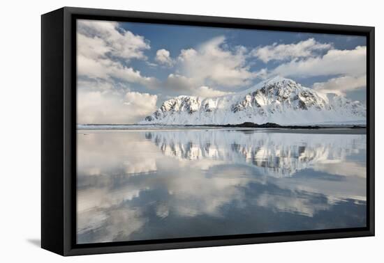 Morning Light Hits a Mountain on the Beach of Flakstad, Flakstadoya, Lofoten Islands, Norway-David Clapp-Framed Premier Image Canvas