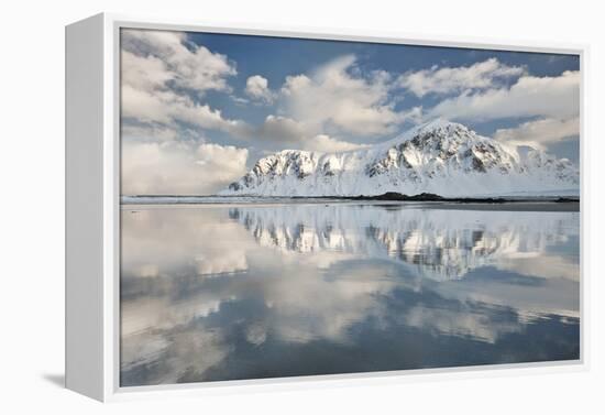 Morning Light Hits a Mountain on the Beach of Flakstad, Flakstadoya, Lofoten Islands, Norway-David Clapp-Framed Premier Image Canvas