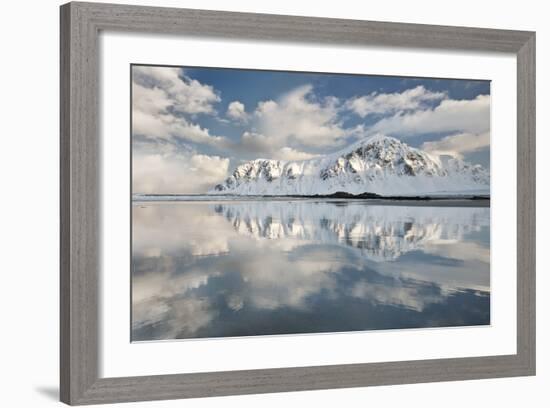 Morning Light Hits a Mountain on the Beach of Flakstad, Flakstadoya, Lofoten Islands, Norway-David Clapp-Framed Photographic Print