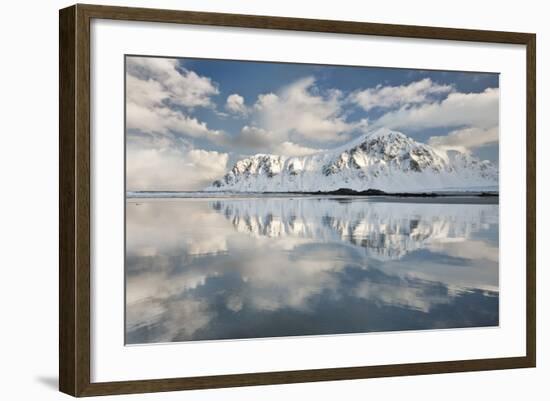 Morning Light Hits a Mountain on the Beach of Flakstad, Flakstadoya, Lofoten Islands, Norway-David Clapp-Framed Photographic Print