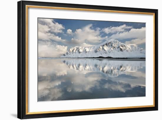 Morning Light Hits a Mountain on the Beach of Flakstad, Flakstadoya, Lofoten Islands, Norway-David Clapp-Framed Photographic Print