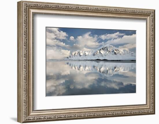 Morning Light Hits a Mountain on the Beach of Flakstad, Flakstadoya, Lofoten Islands, Norway-David Clapp-Framed Photographic Print