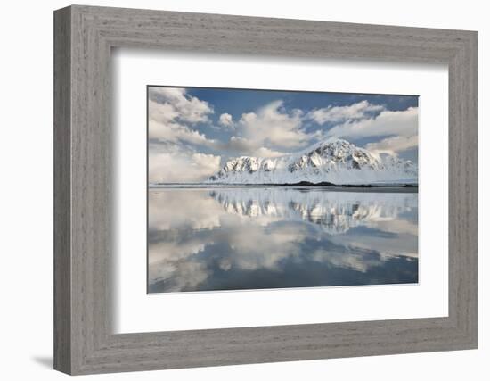 Morning Light Hits a Mountain on the Beach of Flakstad, Flakstadoya, Lofoten Islands, Norway-David Clapp-Framed Photographic Print