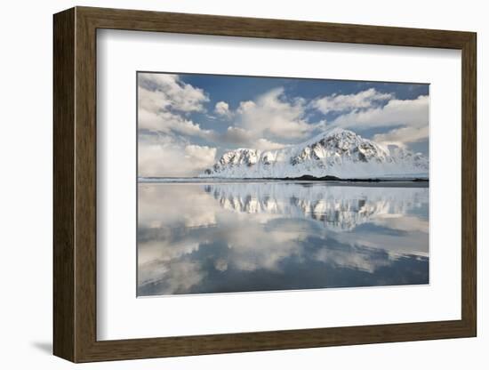 Morning Light Hits a Mountain on the Beach of Flakstad, Flakstadoya, Lofoten Islands, Norway-David Clapp-Framed Photographic Print