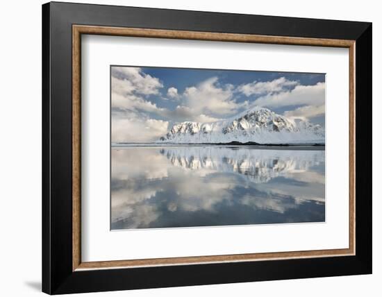 Morning Light Hits a Mountain on the Beach of Flakstad, Flakstadoya, Lofoten Islands, Norway-David Clapp-Framed Photographic Print