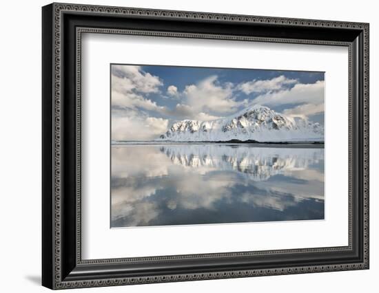 Morning Light Hits a Mountain on the Beach of Flakstad, Flakstadoya, Lofoten Islands, Norway-David Clapp-Framed Photographic Print