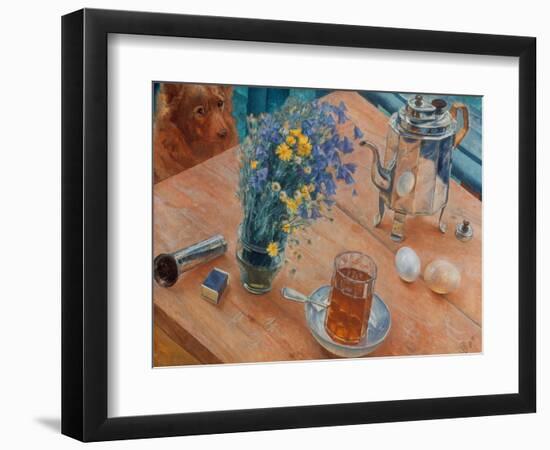 Morning (Still Life with Tea Pot, Glass of Tea and Vase of Flowers), 1918-Kosjma Ssergej Petroff-Wodkin-Framed Premium Giclee Print