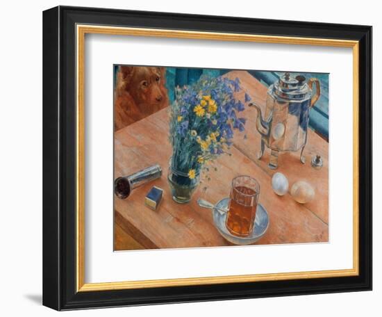 Morning (Still Life with Tea Pot, Glass of Tea and Vase of Flowers), 1918-Kosjma Ssergej Petroff-Wodkin-Framed Premium Giclee Print