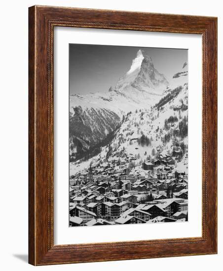 Morning Town View with Matterhorn, Zermatt, Valais, Wallis, Switzerland-Walter Bibikow-Framed Photographic Print