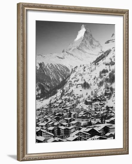 Morning Town View with Matterhorn, Zermatt, Valais, Wallis, Switzerland-Walter Bibikow-Framed Photographic Print