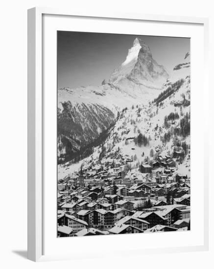 Morning Town View with Matterhorn, Zermatt, Valais, Wallis, Switzerland-Walter Bibikow-Framed Photographic Print