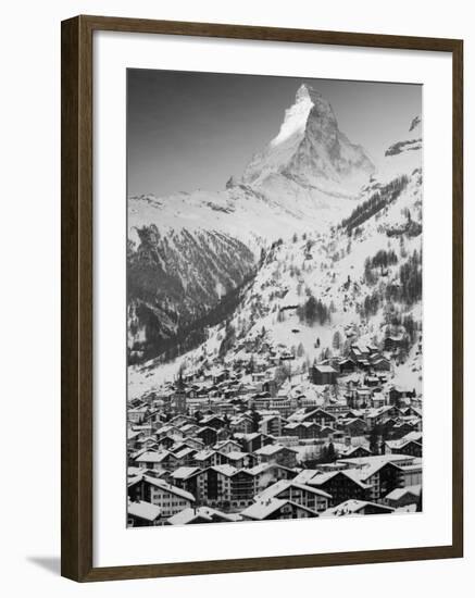 Morning Town View with Matterhorn, Zermatt, Valais, Wallis, Switzerland-Walter Bibikow-Framed Photographic Print