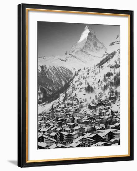 Morning Town View with Matterhorn, Zermatt, Valais, Wallis, Switzerland-Walter Bibikow-Framed Photographic Print