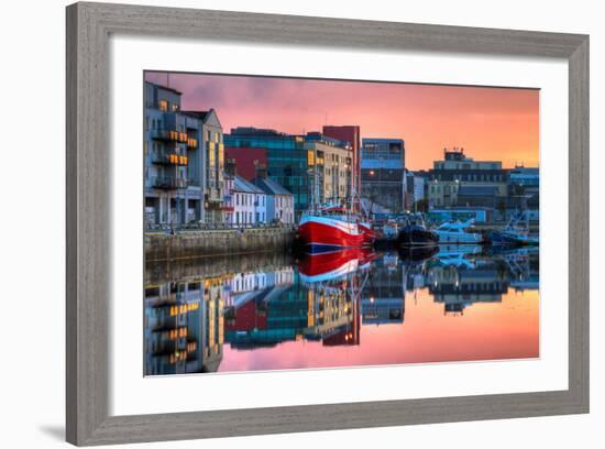 Morning View On Row Of Buildings And Fishing Boats In Docks, Hdr Image-rihardzz-Framed Art Print