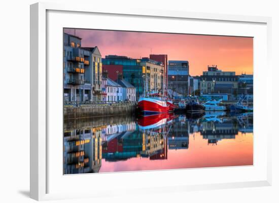 Morning View On Row Of Buildings And Fishing Boats In Docks, Hdr Image-rihardzz-Framed Art Print