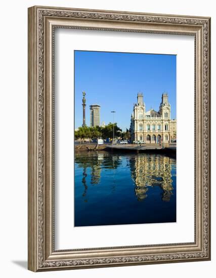 Morning water reflections of building at Port Vell, Old Harbor, Barcelona, Spain-null-Framed Photographic Print