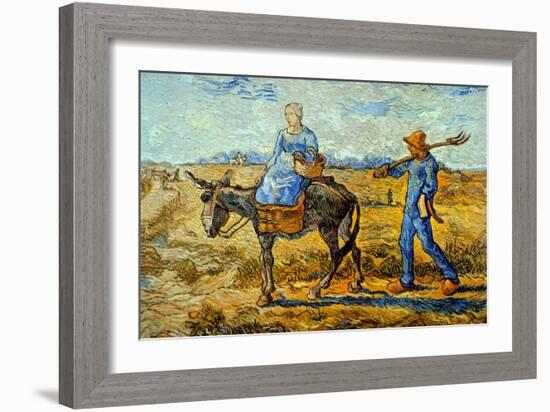 Morning with Farmer and Pitchfork; His Wife Riding a Donkey and Carrying a Basket-Vincent van Gogh-Framed Art Print