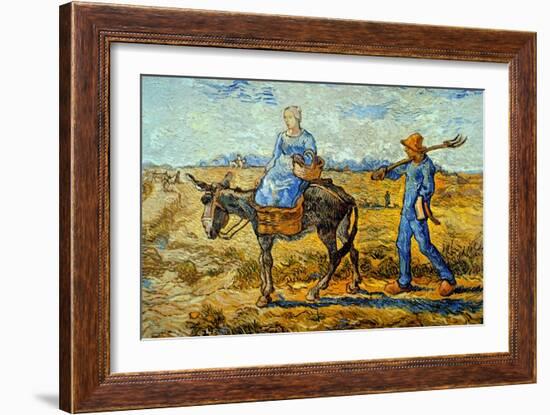 Morning with Farmer and Pitchfork; His Wife Riding a Donkey and Carrying a Basket-Vincent van Gogh-Framed Art Print