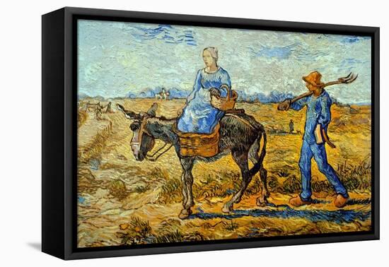Morning with Farmer and Pitchfork; His Wife Riding a Donkey and Carrying a Basket-Vincent van Gogh-Framed Stretched Canvas