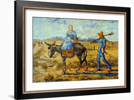 Morning with Farmer and Pitchfork; His Wife Riding a Donkey and Carrying a Basket-Vincent van Gogh-Framed Art Print