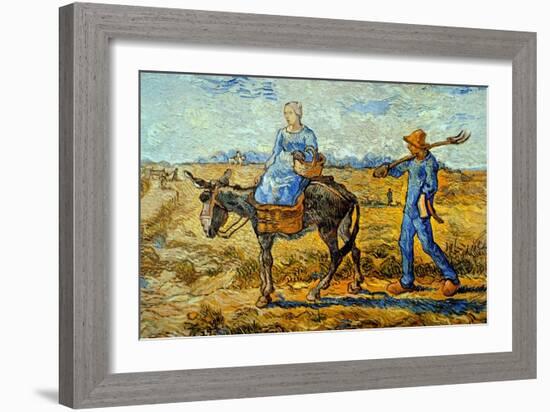 Morning with Farmer and Pitchfork; His Wife Riding a Donkey and Carrying a Basket-Vincent van Gogh-Framed Art Print