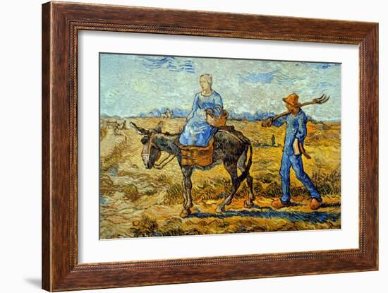 Morning with Farmer and Pitchfork; His Wife Riding a Donkey and Carrying a Basket-Vincent van Gogh-Framed Art Print