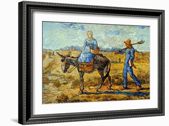 Morning with Farmer and Pitchfork; His Wife Riding a Donkey and Carrying a Basket-Vincent van Gogh-Framed Art Print